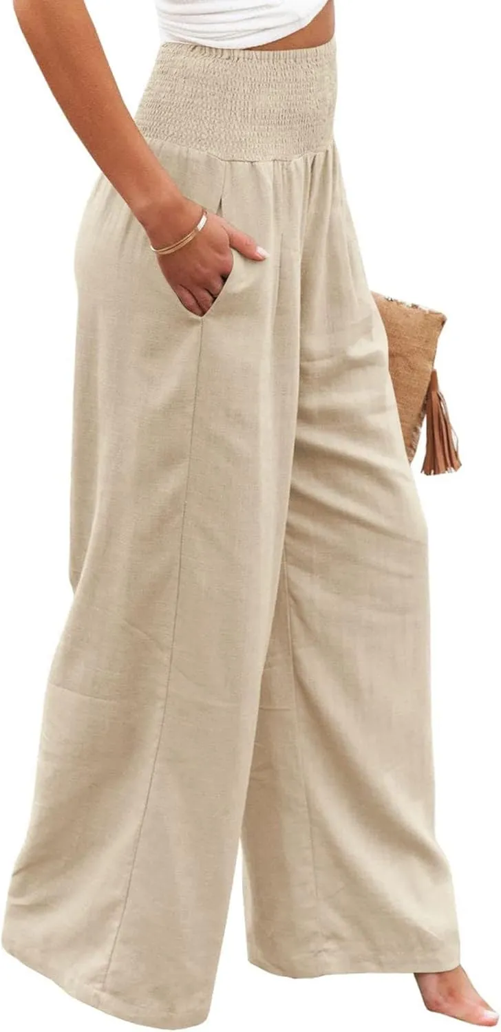Linen Palazzo Pant for Women Summer High Waisted Wide Leg Pants Casual Pants Plain Vintage Trousers with Pockets