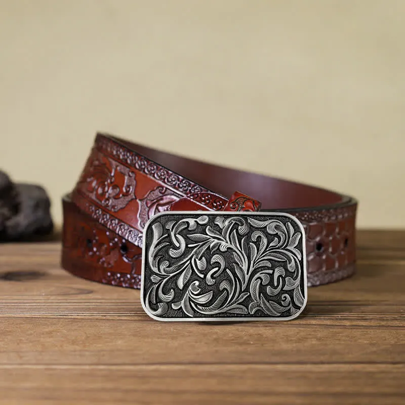 Men's DIY Art Leaves Scrollwork Buckle Leather Belt
