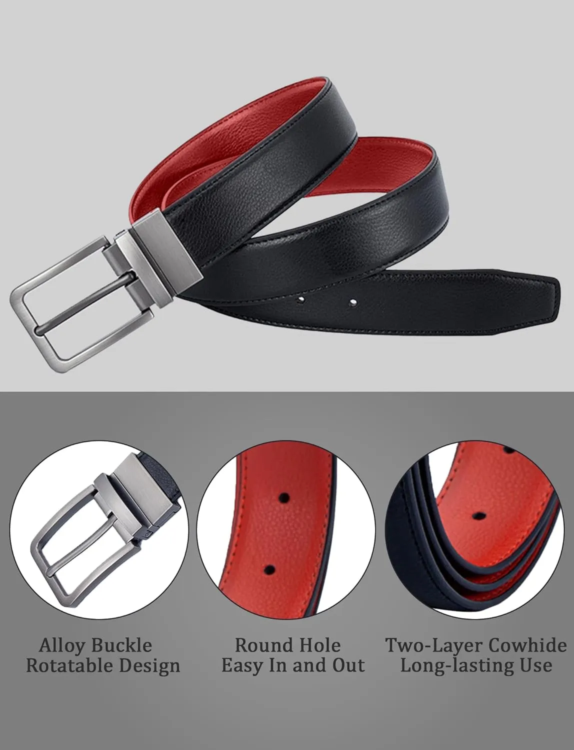 Mens Genuine Leather Belt Two-in-One Reversible Business Belt Classic Work Waist Belts with Single Prong Buckle