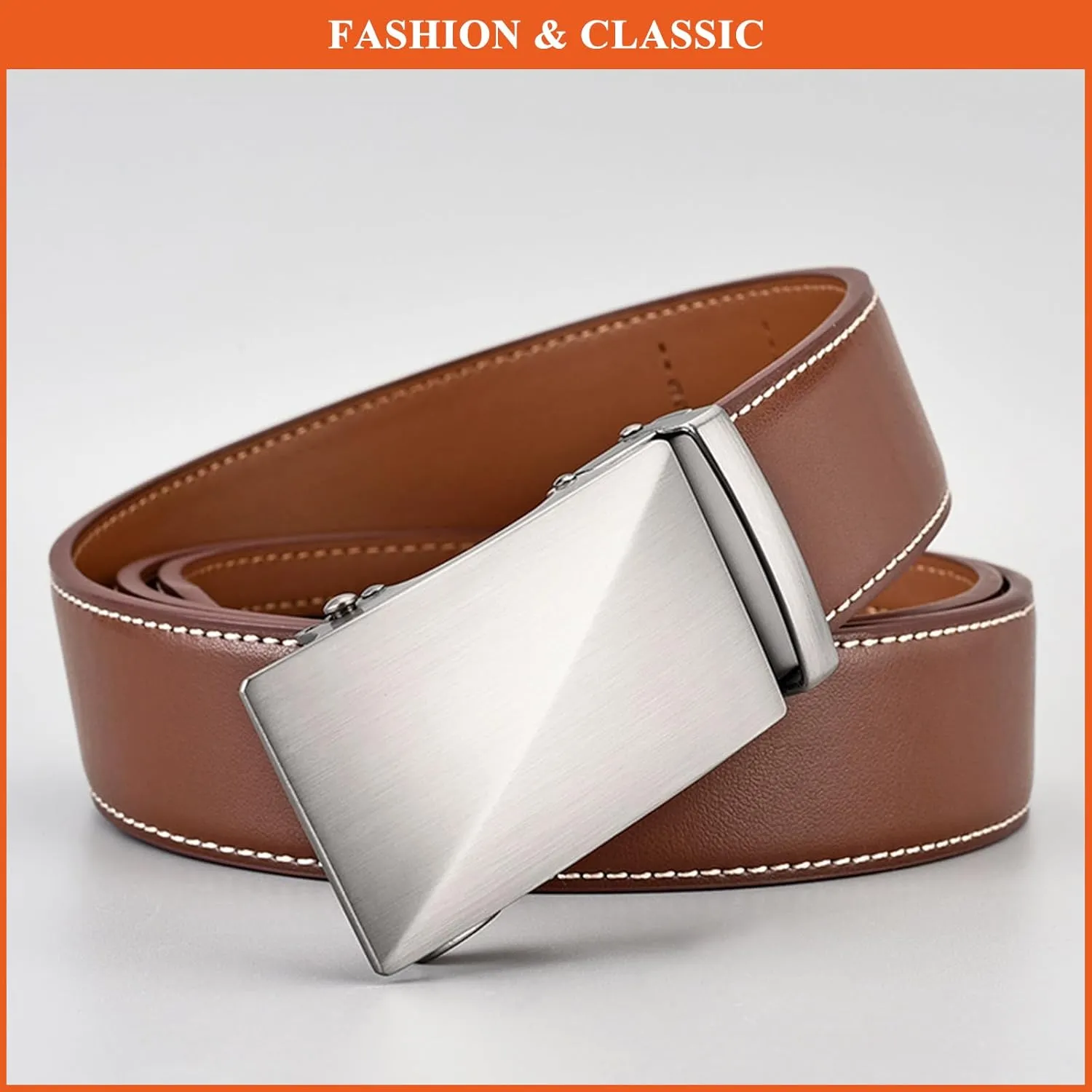 Men's Genuine Leather Ratchet Belt Business Genuine Leather Waist Strap Solid Color Automatic Buckle Belts