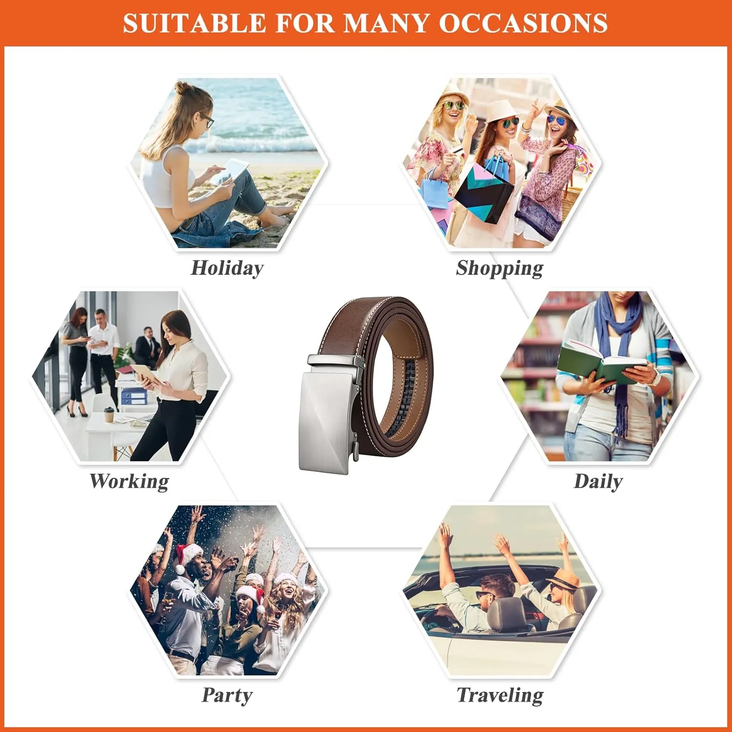 Men's Genuine Leather Ratchet Belt Business Genuine Leather Waist Strap Solid Color Automatic Buckle Belts