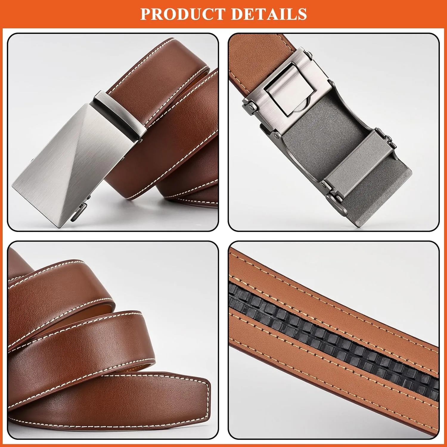 Men's Genuine Leather Ratchet Belt Business Genuine Leather Waist Strap Solid Color Automatic Buckle Belts