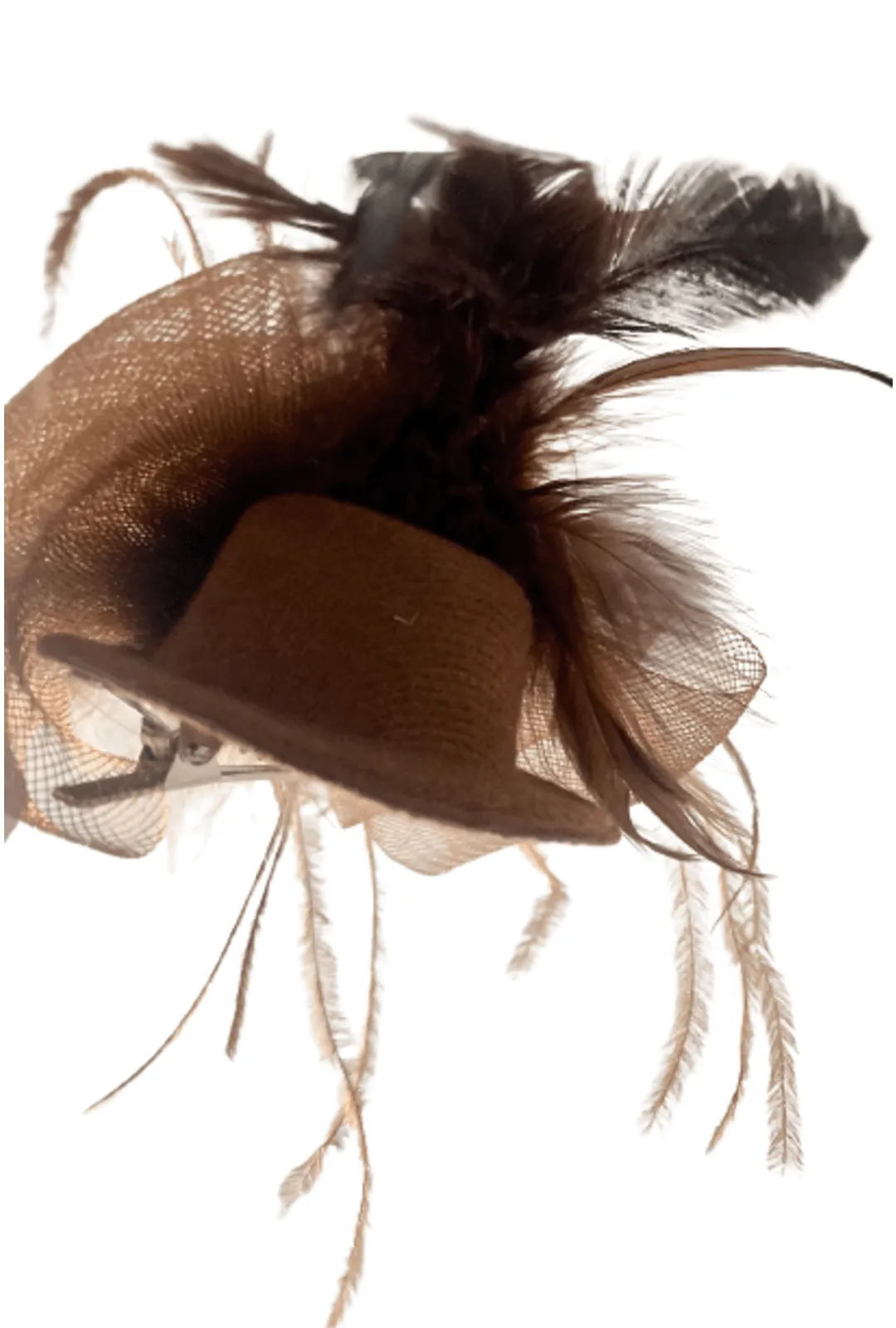 Mini Steampunk Brown Hat Clip with Feathers