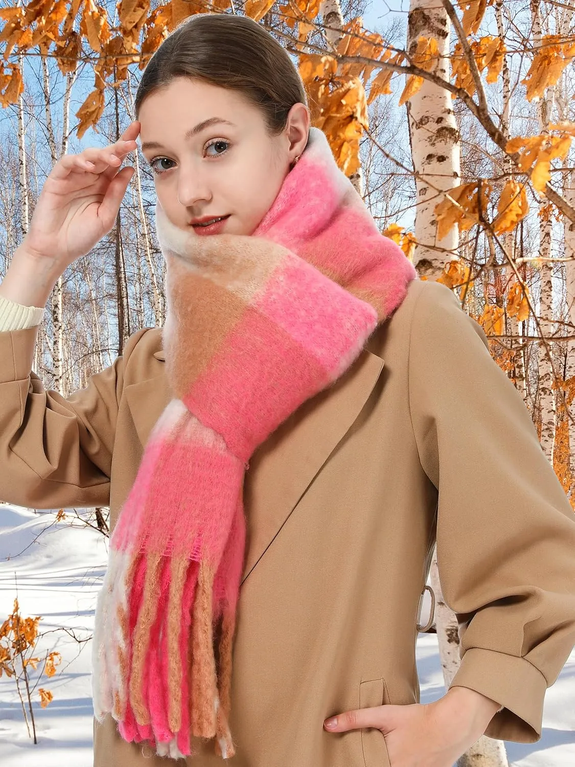 Oversized Blanket Scarf for Women Winter Fall Chunky Plaid Soft Cashmere Feel Thick Scarves with Fringed