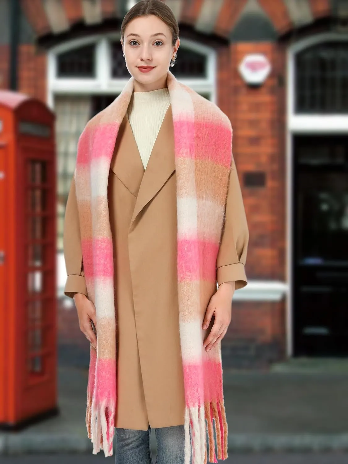 Oversized Blanket Scarf for Women Winter Fall Chunky Plaid Soft Cashmere Feel Thick Scarves with Fringed