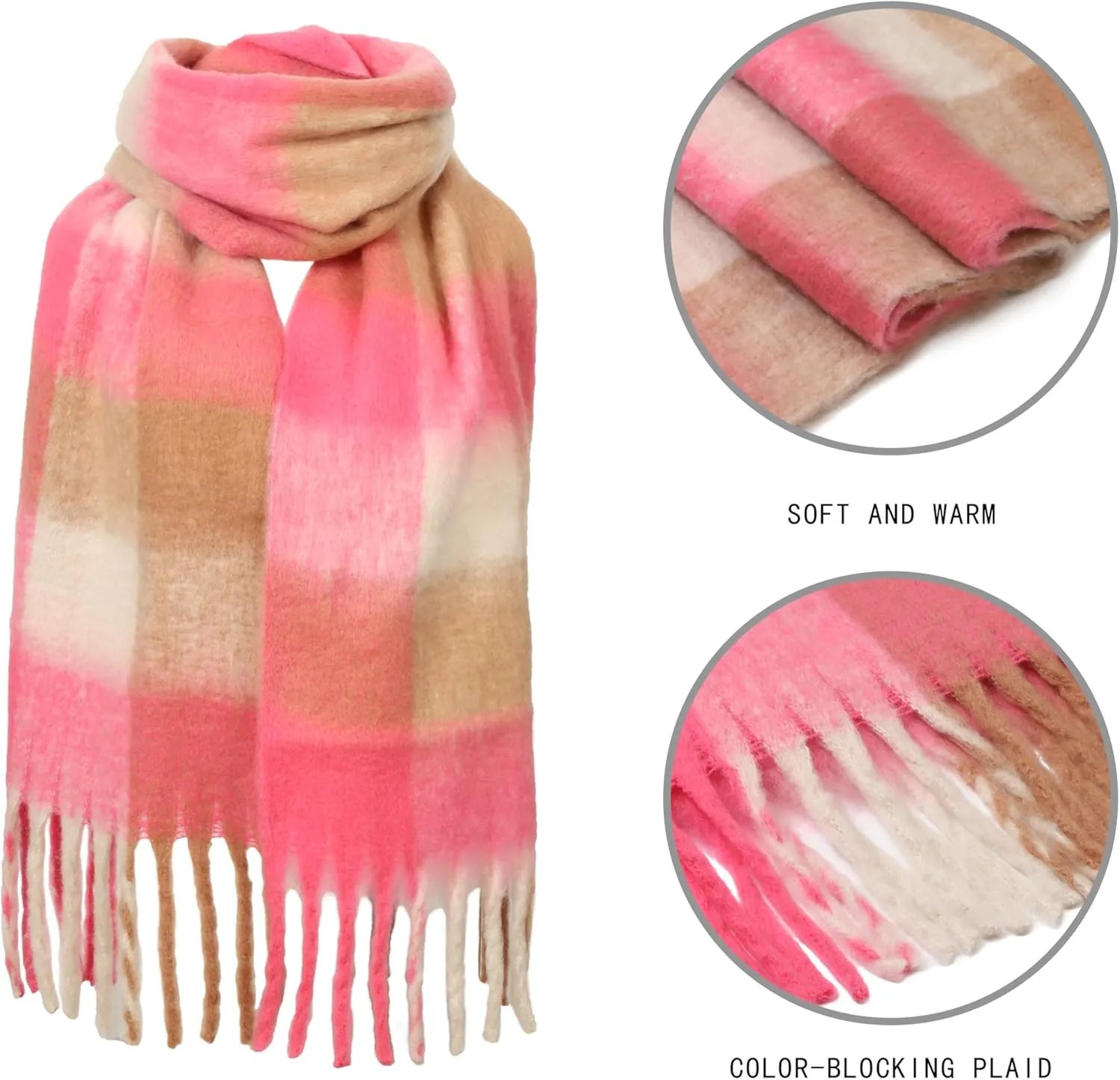 Oversized Blanket Scarf for Women Winter Fall Chunky Plaid Soft Cashmere Feel Thick Scarves with Fringed