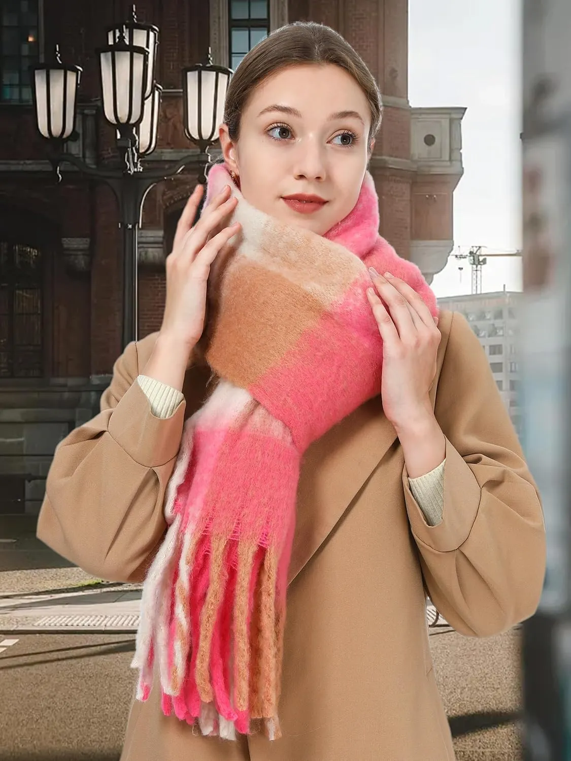 Oversized Blanket Scarf for Women Winter Fall Chunky Plaid Soft Cashmere Feel Thick Scarves with Fringed