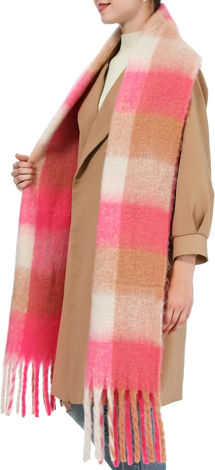 Oversized Blanket Scarf for Women Winter Fall Chunky Plaid Soft Cashmere Feel Thick Scarves with Fringed