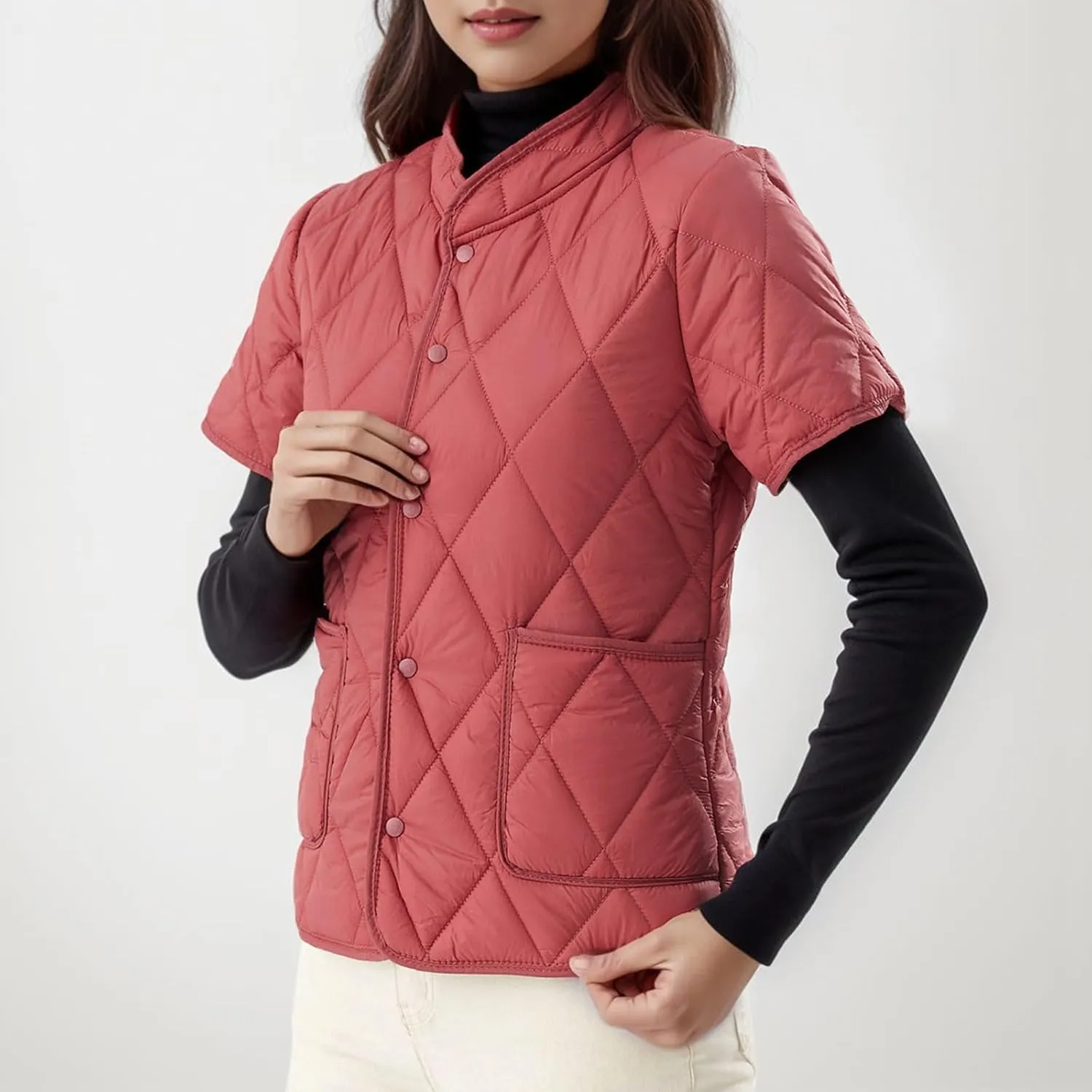 Quilted Jackets for Women Lightweight Petite Cropped Fall Puffer Down Jackets Parkas Button Short Sleeve Winter Coat