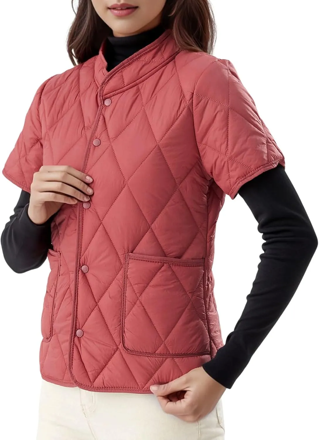 Quilted Jackets for Women Lightweight Petite Cropped Fall Puffer Down Jackets Parkas Button Short Sleeve Winter Coat
