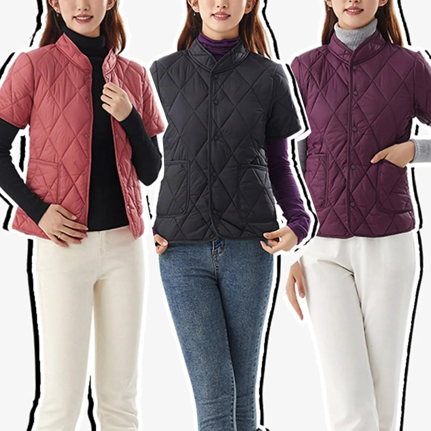 Quilted Jackets for Women Lightweight Petite Cropped Fall Puffer Down Jackets Parkas Button Short Sleeve Winter Coat