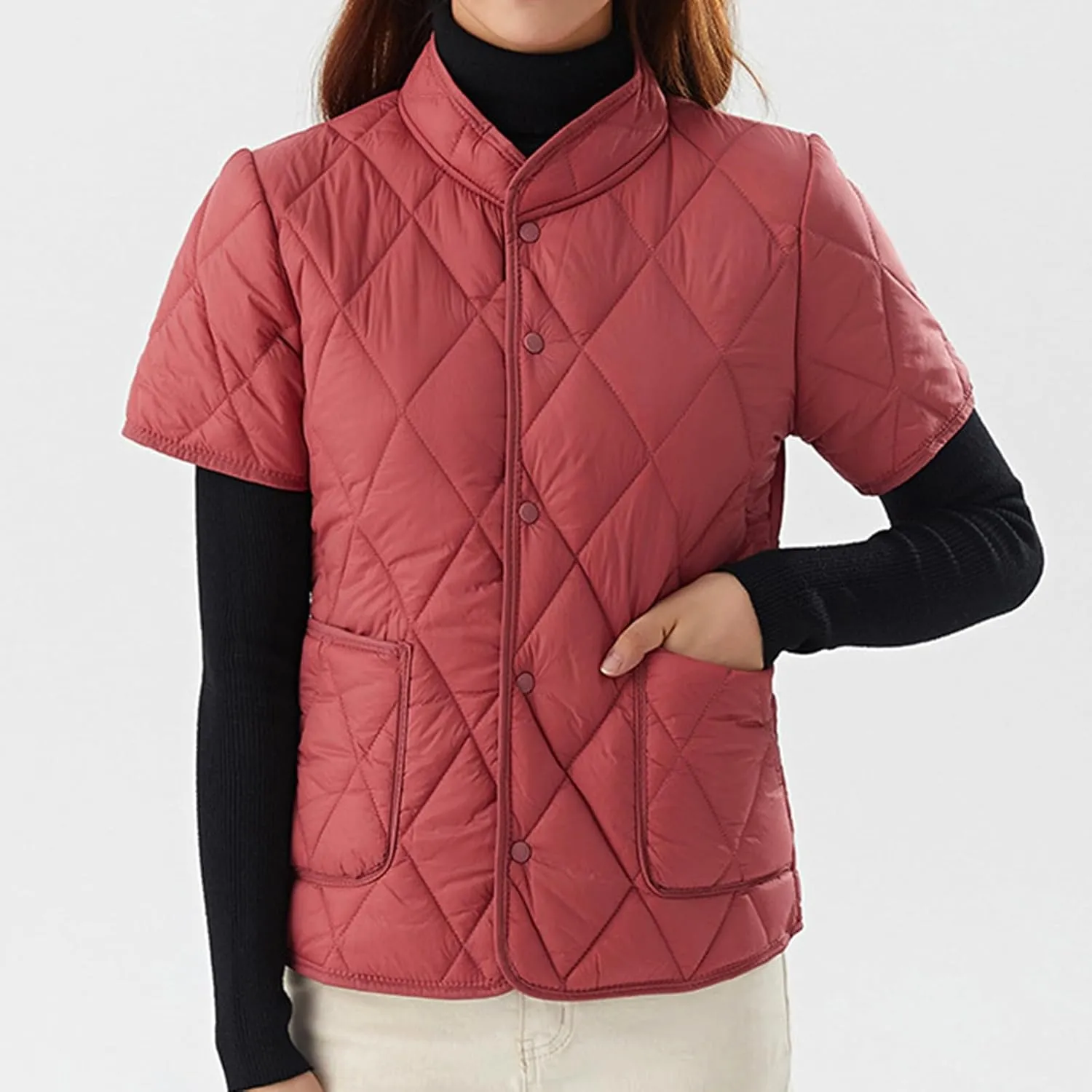 Quilted Jackets for Women Lightweight Petite Cropped Fall Puffer Down Jackets Parkas Button Short Sleeve Winter Coat
