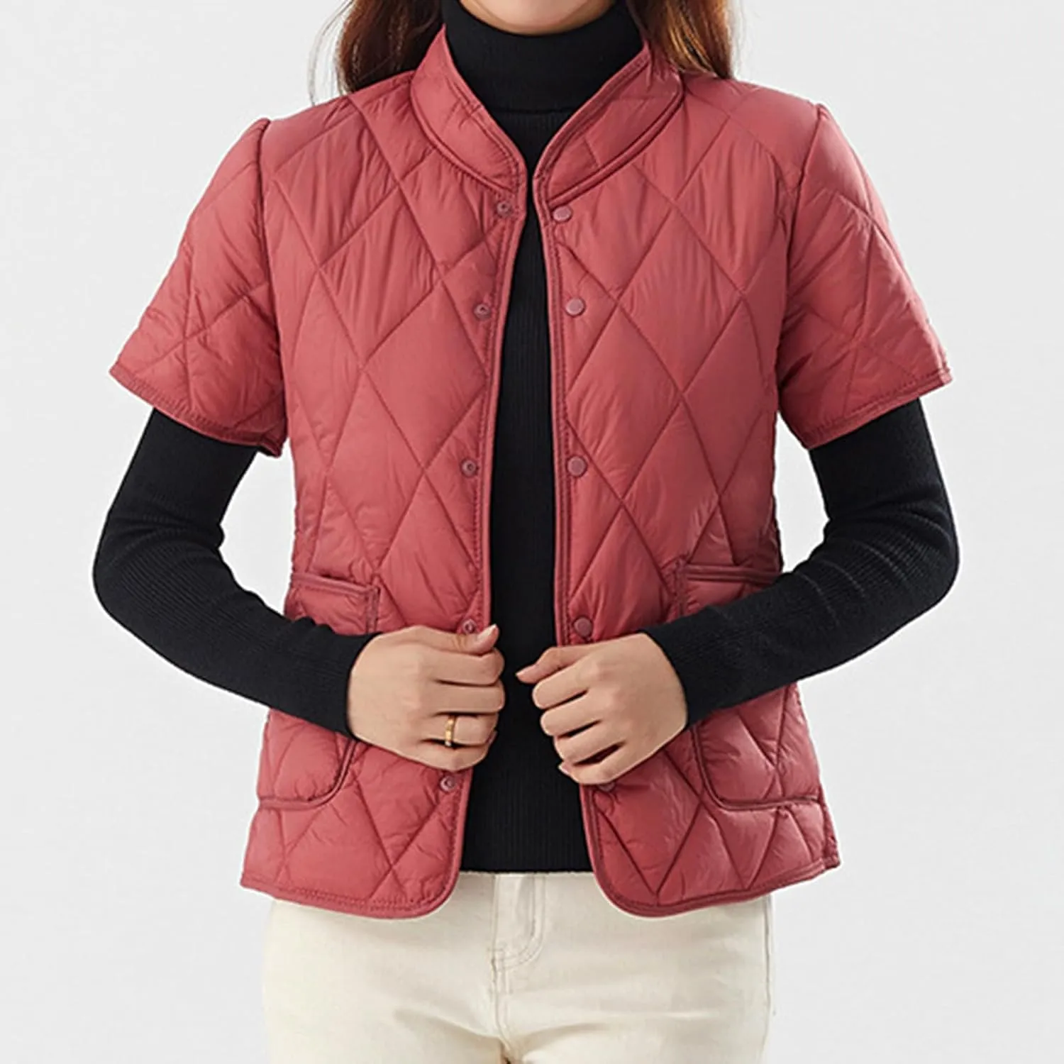 Quilted Jackets for Women Lightweight Petite Cropped Fall Puffer Down Jackets Parkas Button Short Sleeve Winter Coat