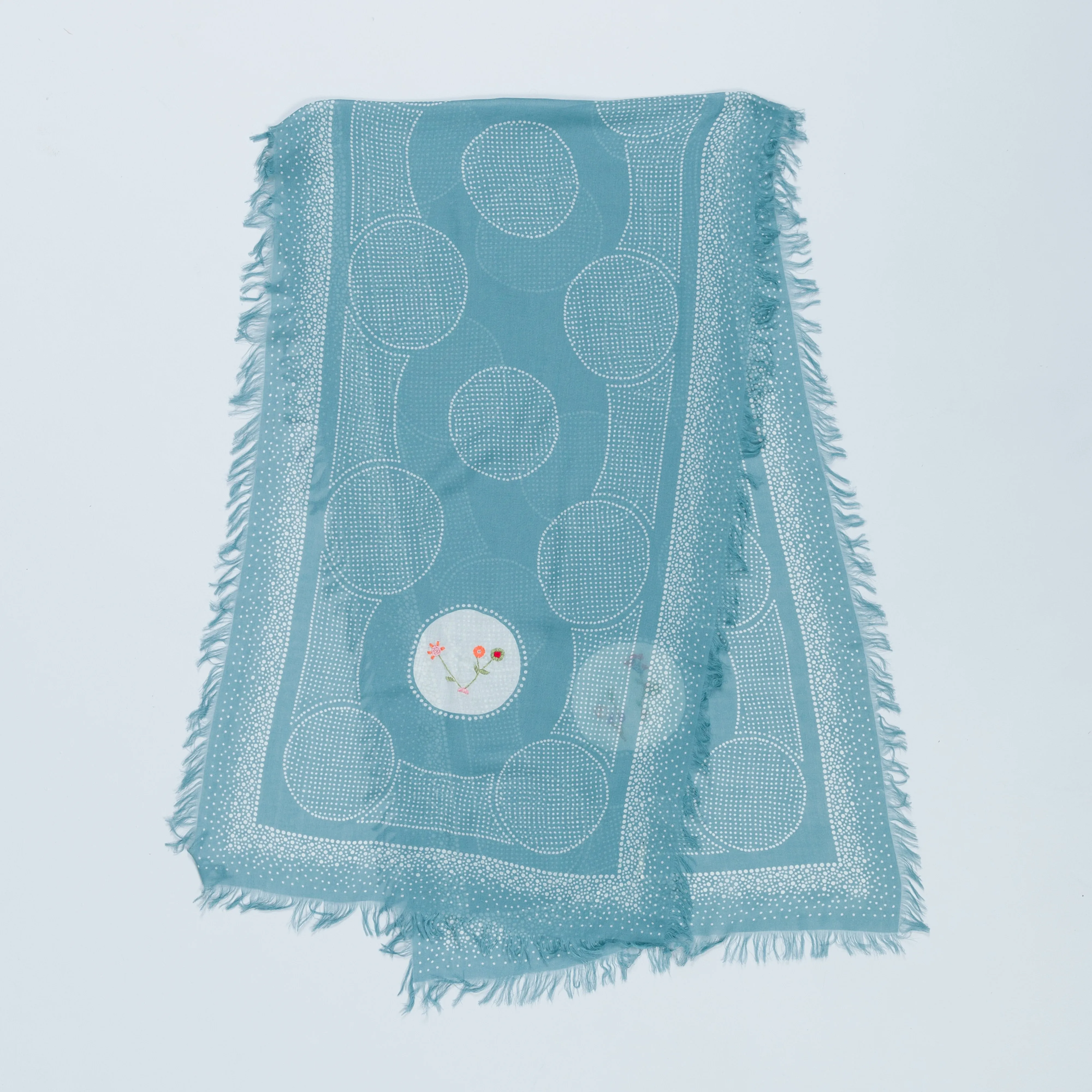 Rayon Dot Fringe Stole (Flower Embroidery) - Turqoise