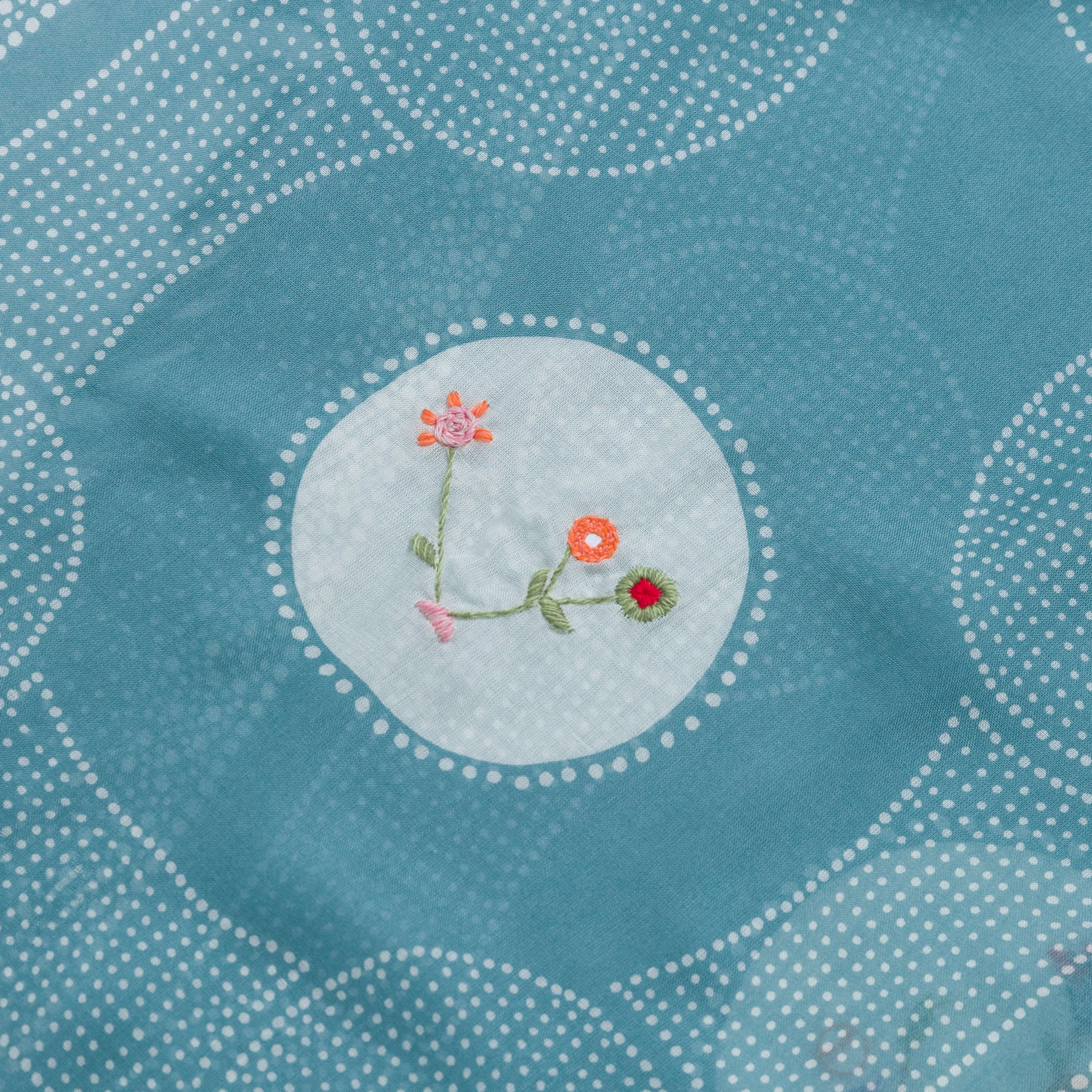 Rayon Dot Fringe Stole (Flower Embroidery) - Turqoise