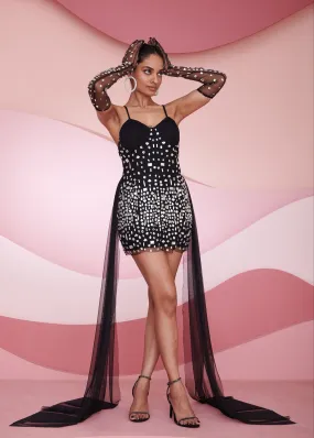 Rin Black RhineStone Mini Dress with Matching Gloves
