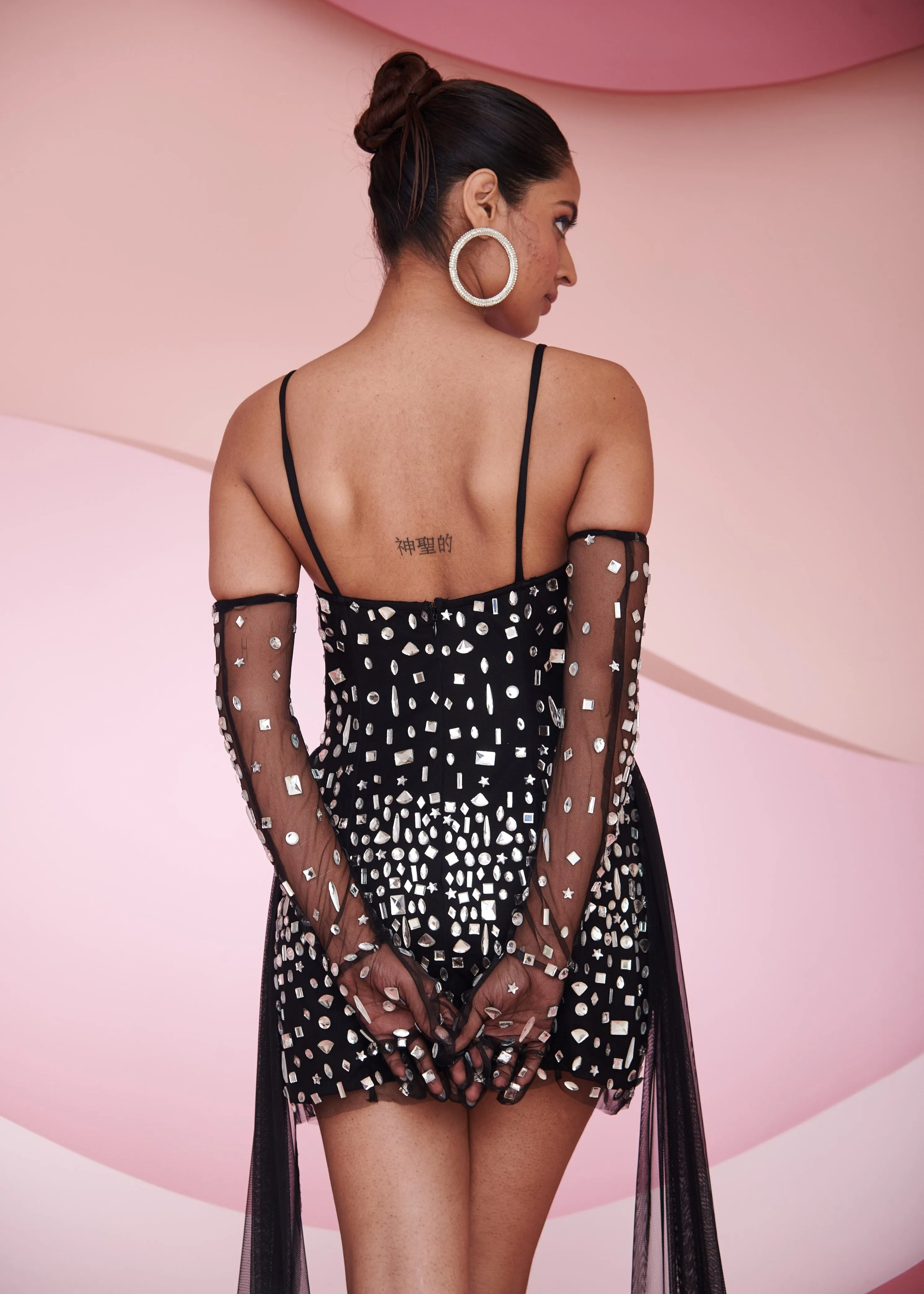 Rin Black RhineStone Mini Dress with Matching Gloves