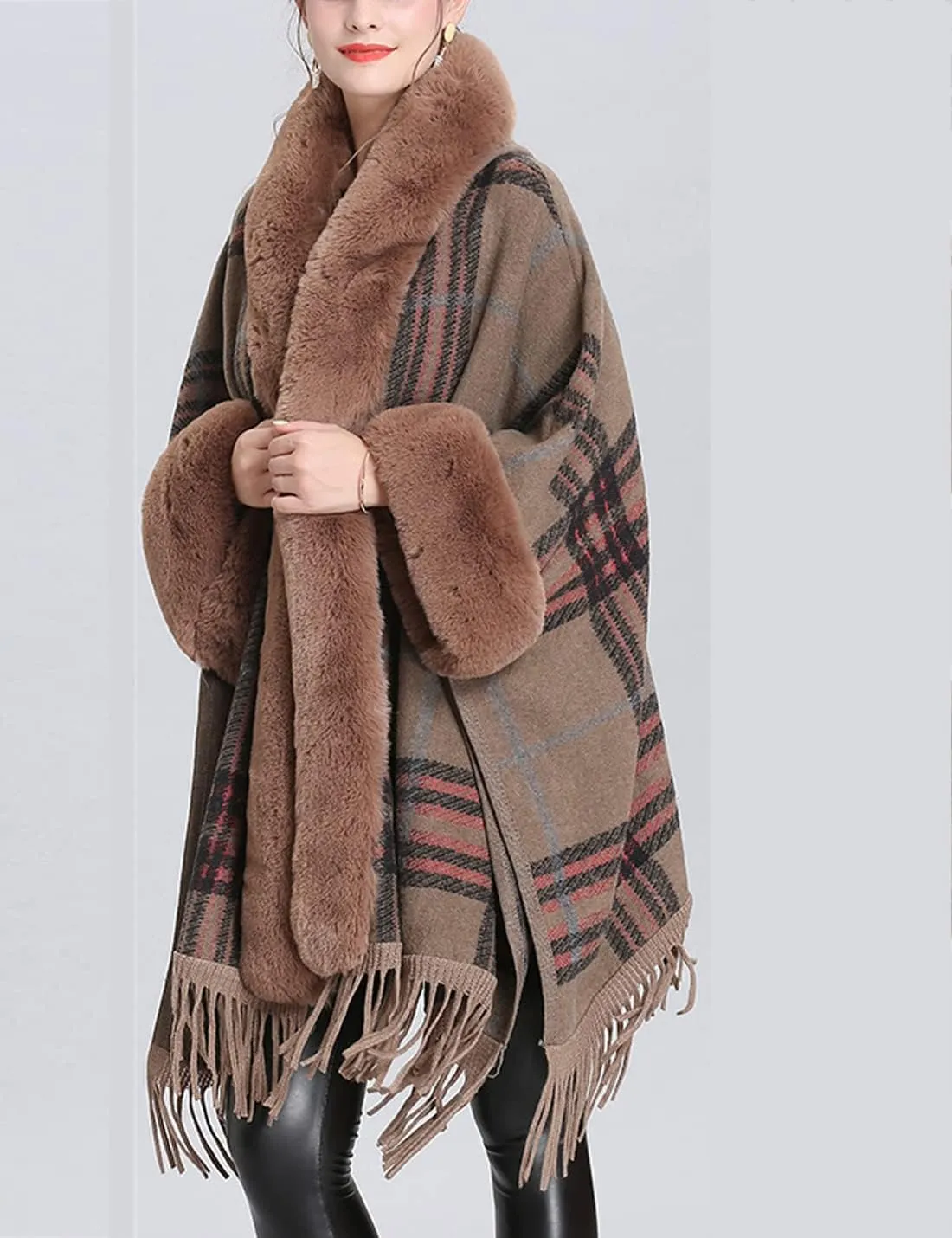 Snoly Women's Wool Blend Hooded Vintage Plaid Tassel Cape Poncho Button Oversized Cardigan