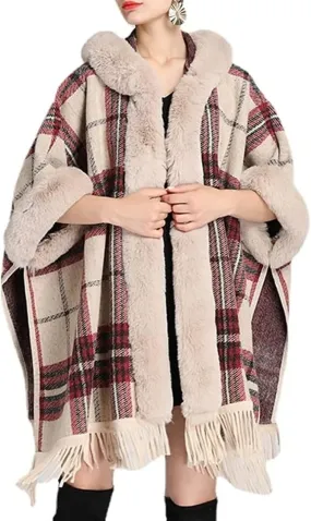 Snoly Women's Wool Blend Hooded Vintage Plaid Tassel Cape Poncho Button Oversized Cardigan