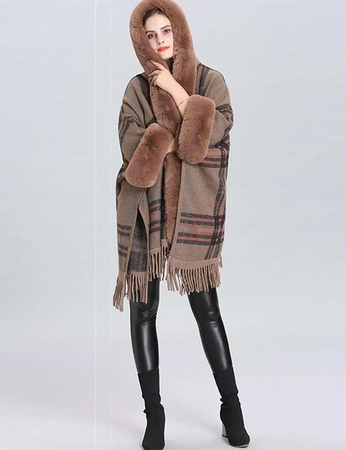 Snoly Women's Wool Blend Hooded Vintage Plaid Tassel Cape Poncho Button Oversized Cardigan
