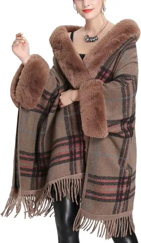 Snoly Women's Wool Blend Hooded Vintage Plaid Tassel Cape Poncho Button Oversized Cardigan
