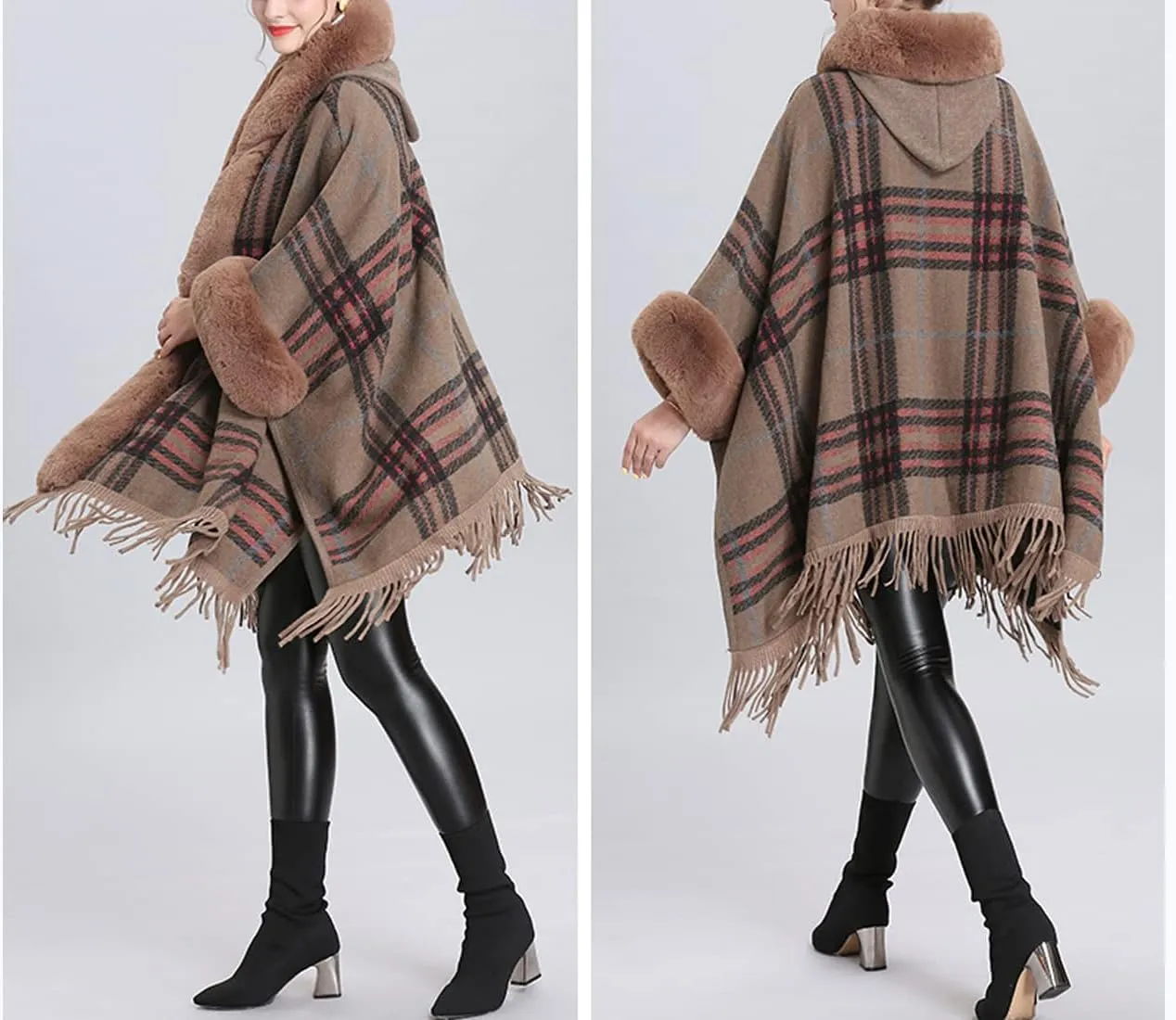 Snoly Women's Wool Blend Hooded Vintage Plaid Tassel Cape Poncho Button Oversized Cardigan