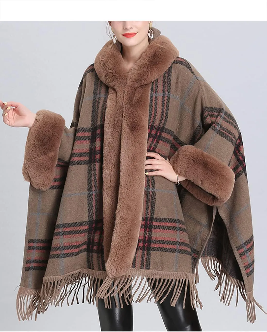 Snoly Women's Wool Blend Hooded Vintage Plaid Tassel Cape Poncho Button Oversized Cardigan