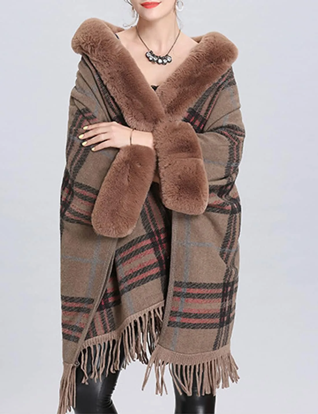 Snoly Women's Wool Blend Hooded Vintage Plaid Tassel Cape Poncho Button Oversized Cardigan