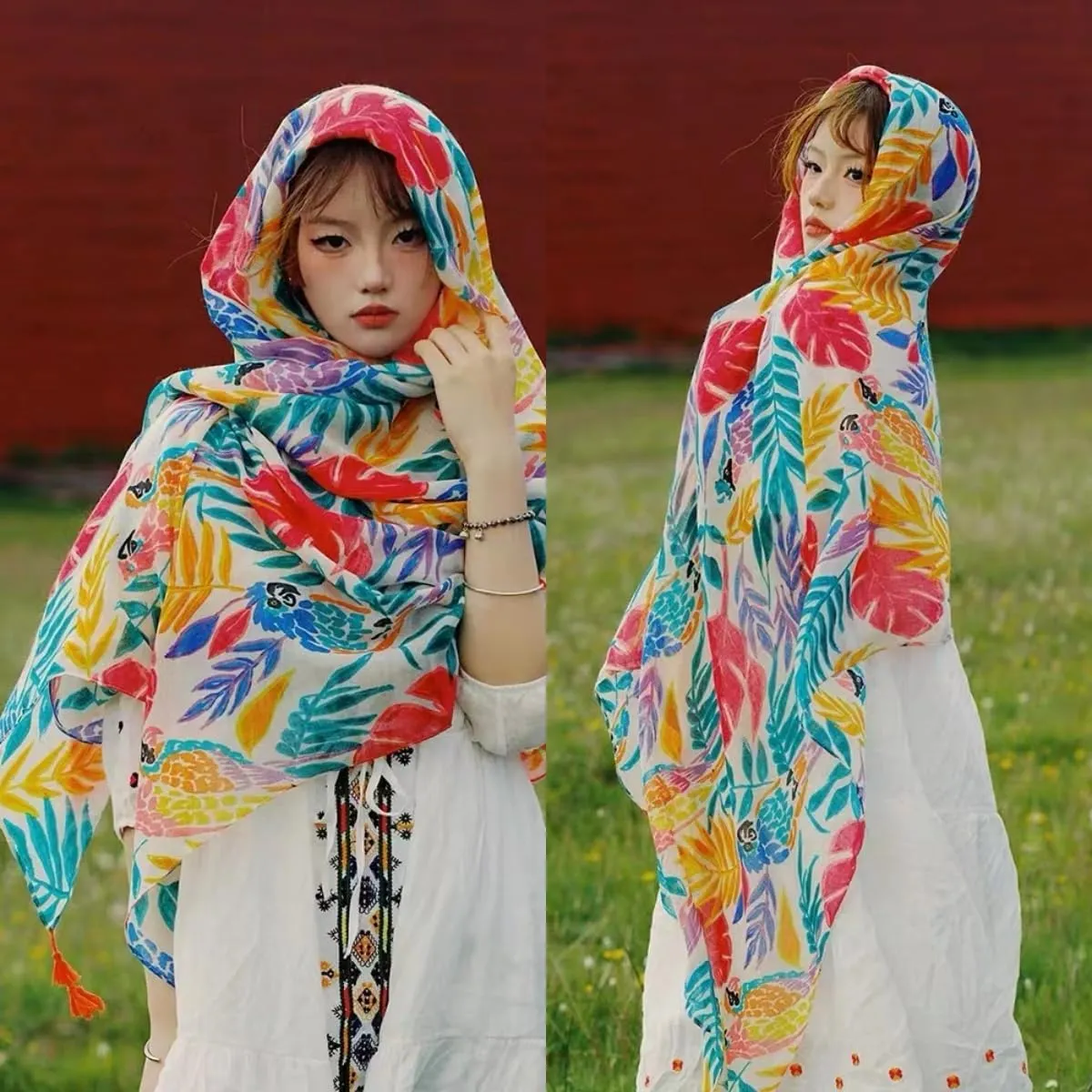 Travel Boho Scarf for Women Casual Lightweight Pashmina Scarves Fashion Multicolor Shawl Wraps with Fringed Beads