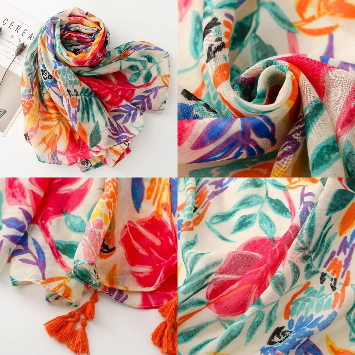 Travel Boho Scarf for Women Casual Lightweight Pashmina Scarves Fashion Multicolor Shawl Wraps with Fringed Beads