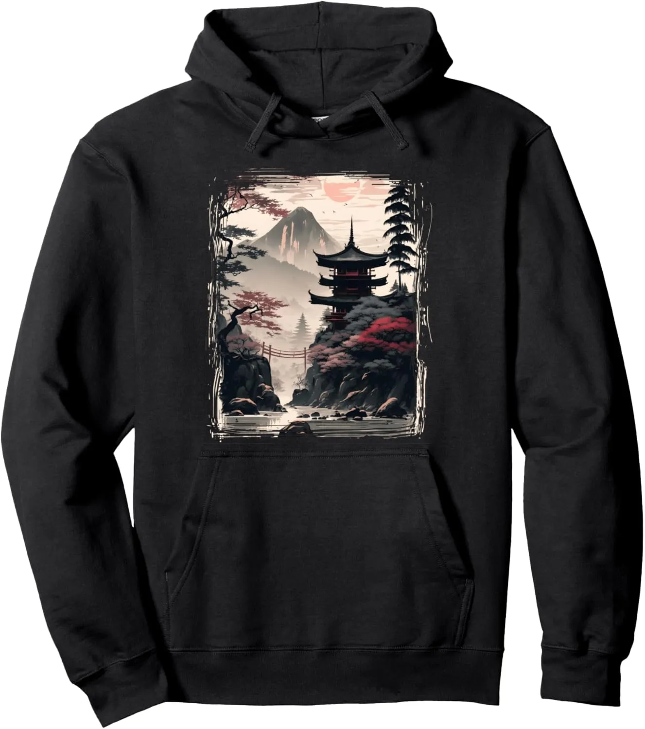 Vintage Japanese Flower Tee Mountain View Landscape Graphic Pullover Hoodie