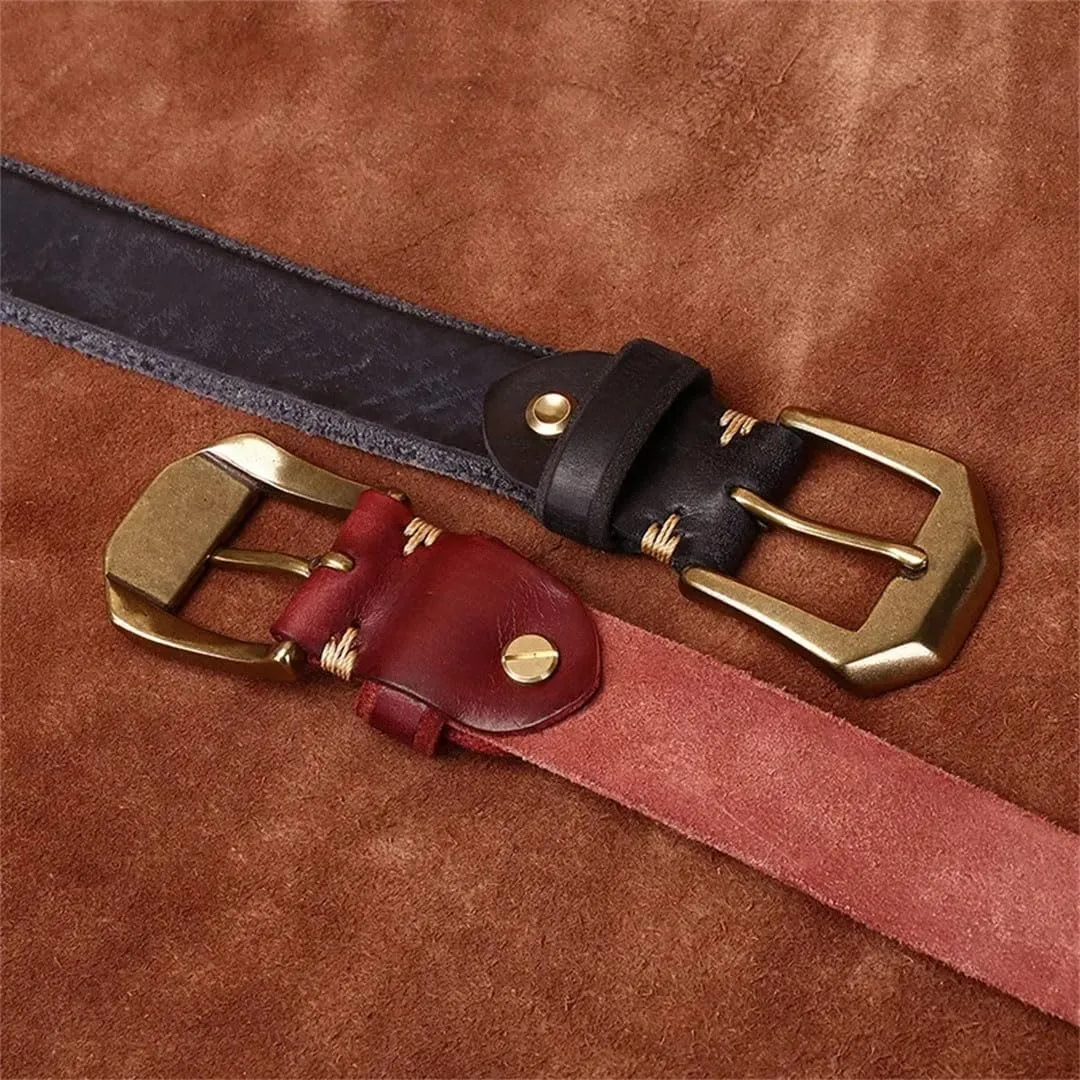 Vogrtcc Thick Cowhide Genuine Leather Men's Fashion Retro Brass Buckle Belts Luxury Jeans Belts