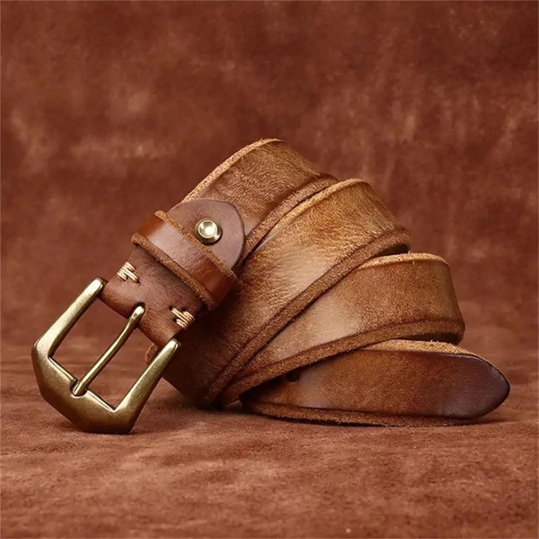 Vogrtcc Thick Cowhide Genuine Leather Men's Fashion Retro Brass Buckle Belts Luxury Jeans Belts