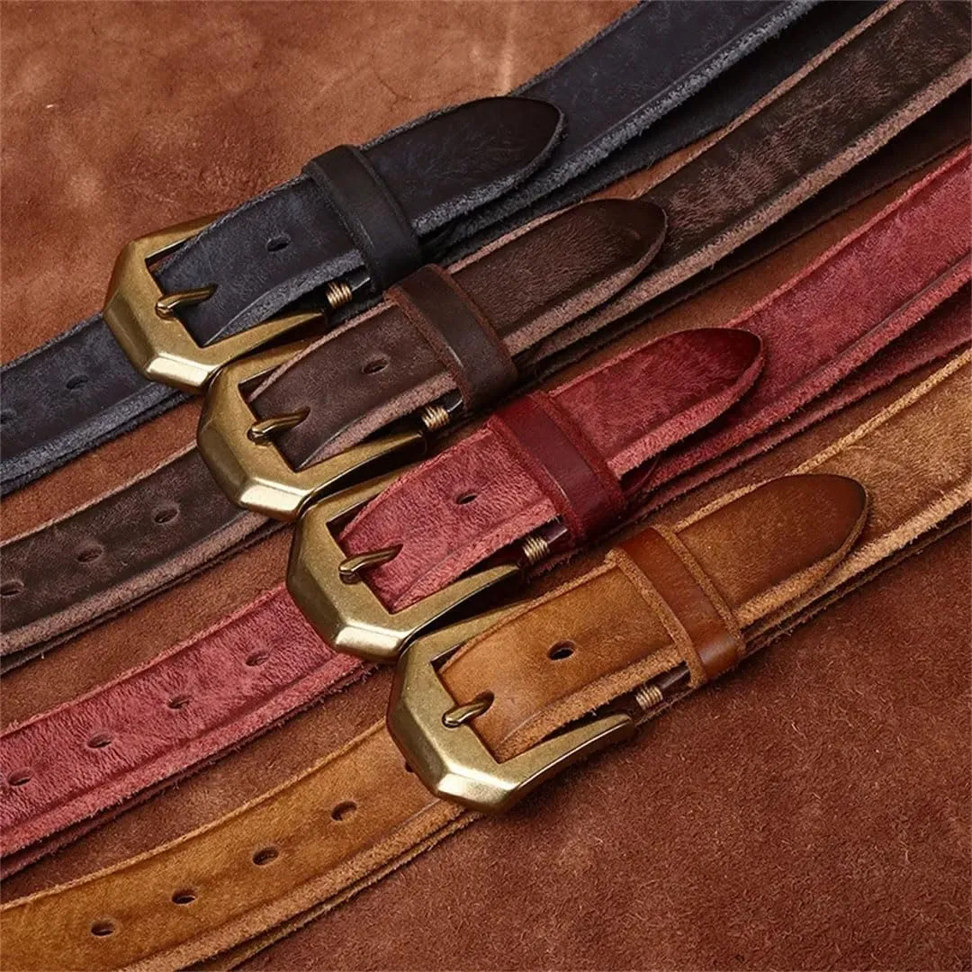 Vogrtcc Thick Cowhide Genuine Leather Men's Fashion Retro Brass Buckle Belts Luxury Jeans Belts