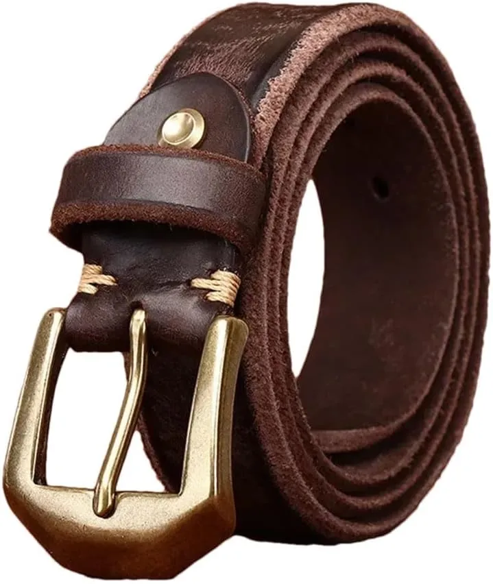 Vogrtcc Thick Cowhide Genuine Leather Men's Fashion Retro Brass Buckle Belts Luxury Jeans Belts