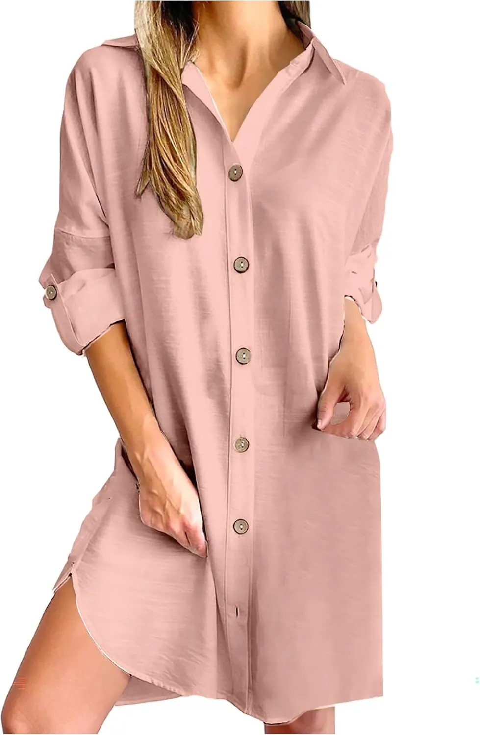 Women Cotton Linen Dress Long Sleeve V Neck Button Casual Beach Dress Summer Loose Fit Flowy Midi Dresses