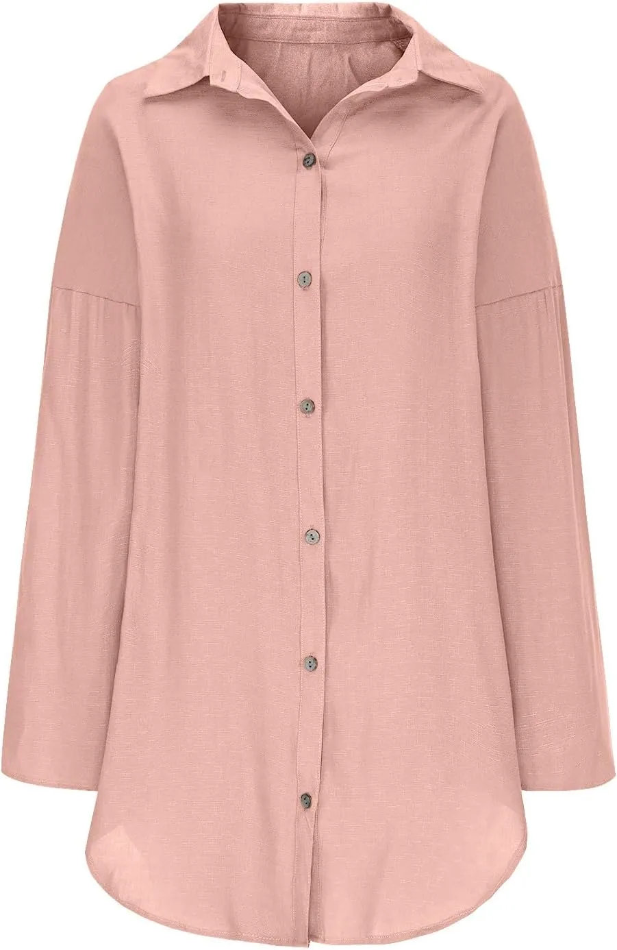 Women Cotton Linen Dress Long Sleeve V Neck Button Casual Beach Dress Summer Loose Fit Flowy Midi Dresses