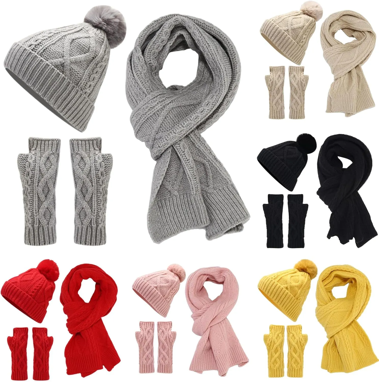 Women Winter Beanie Hat Long Scarf Touchscreen Gloves Fleece Lined Caps Neck Scarves Elastic Set Hats for Men