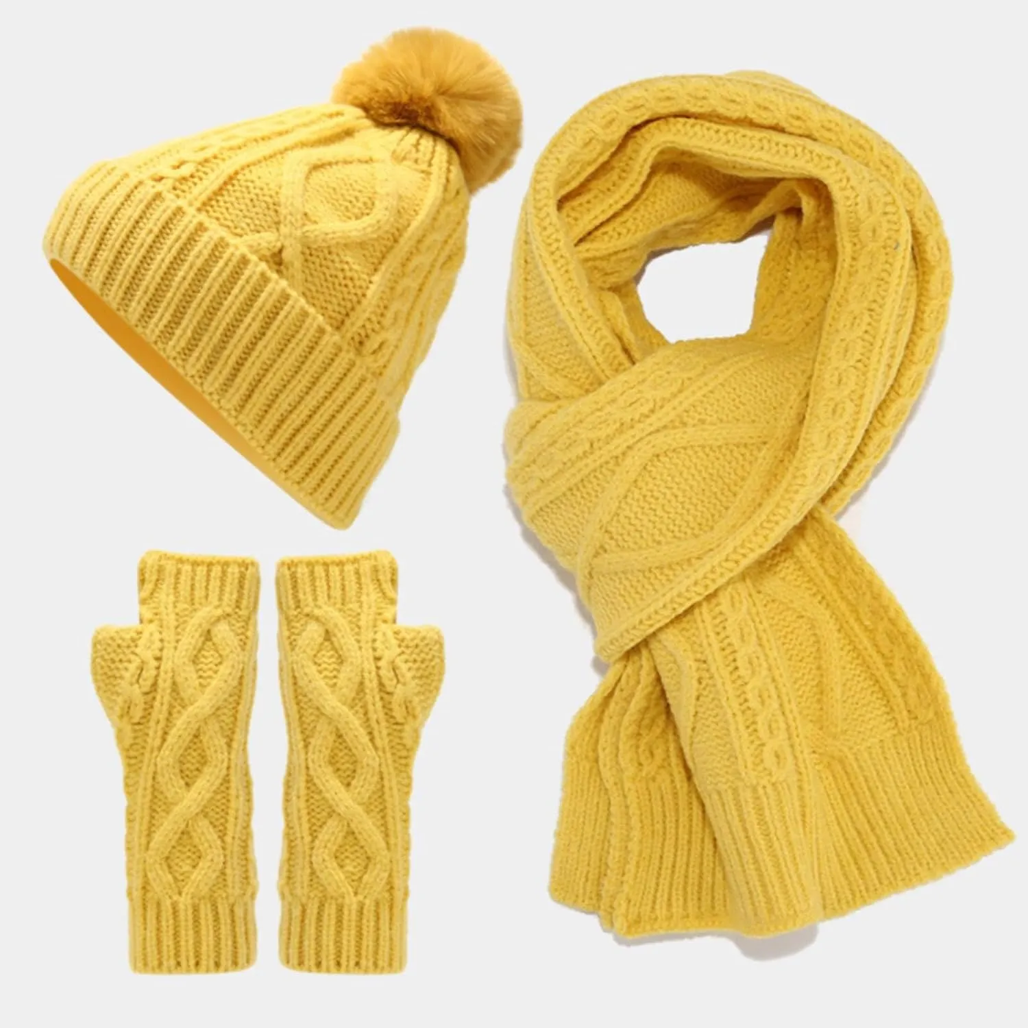 Women Winter Beanie Hat Long Scarf Touchscreen Gloves Fleece Lined Caps Neck Scarves Elastic Set Hats for Men