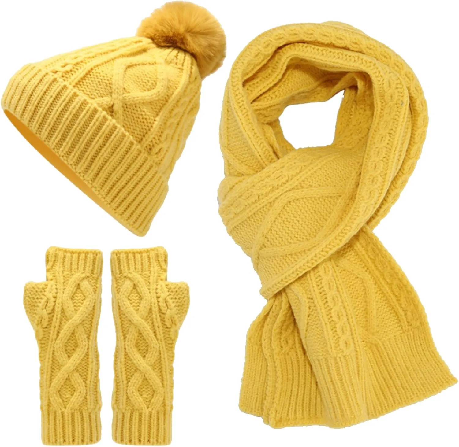 Women Winter Beanie Hat Long Scarf Touchscreen Gloves Fleece Lined Caps Neck Scarves Elastic Set Hats for Men
