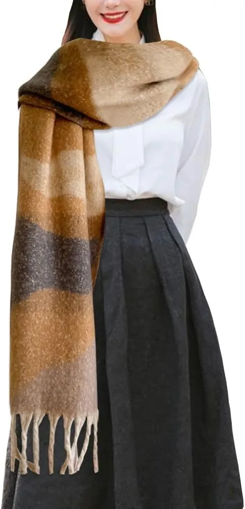 Women's Large Chunky Plaid Scarf Coloured Checked Oversized Scarf Tassel Soft Fall Winter Thick Warm Shawl