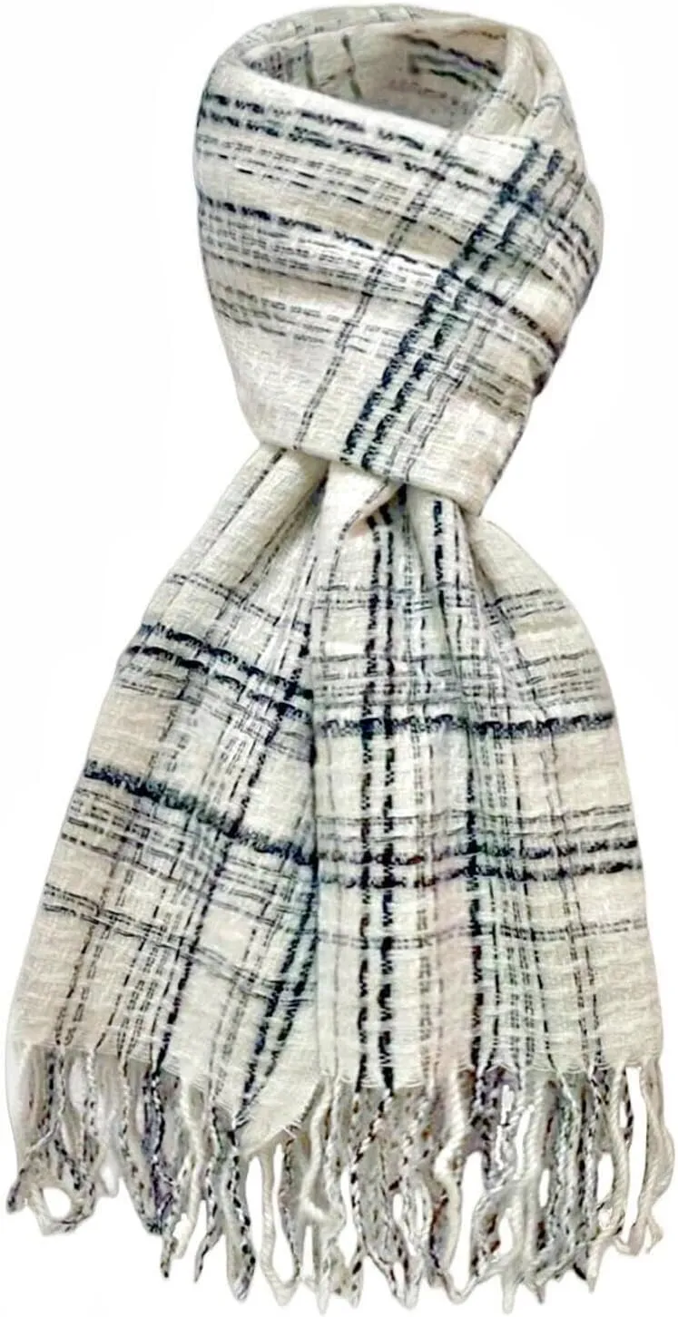 Women's Plaid Scarf | Soft & Warm Winter Scarves for Cold Weather - 74.5' 28" Lightweight Blanket Shawl Wrap with Tassels | Cozy Fall & Winter Fashion Accessory (White Polyester)