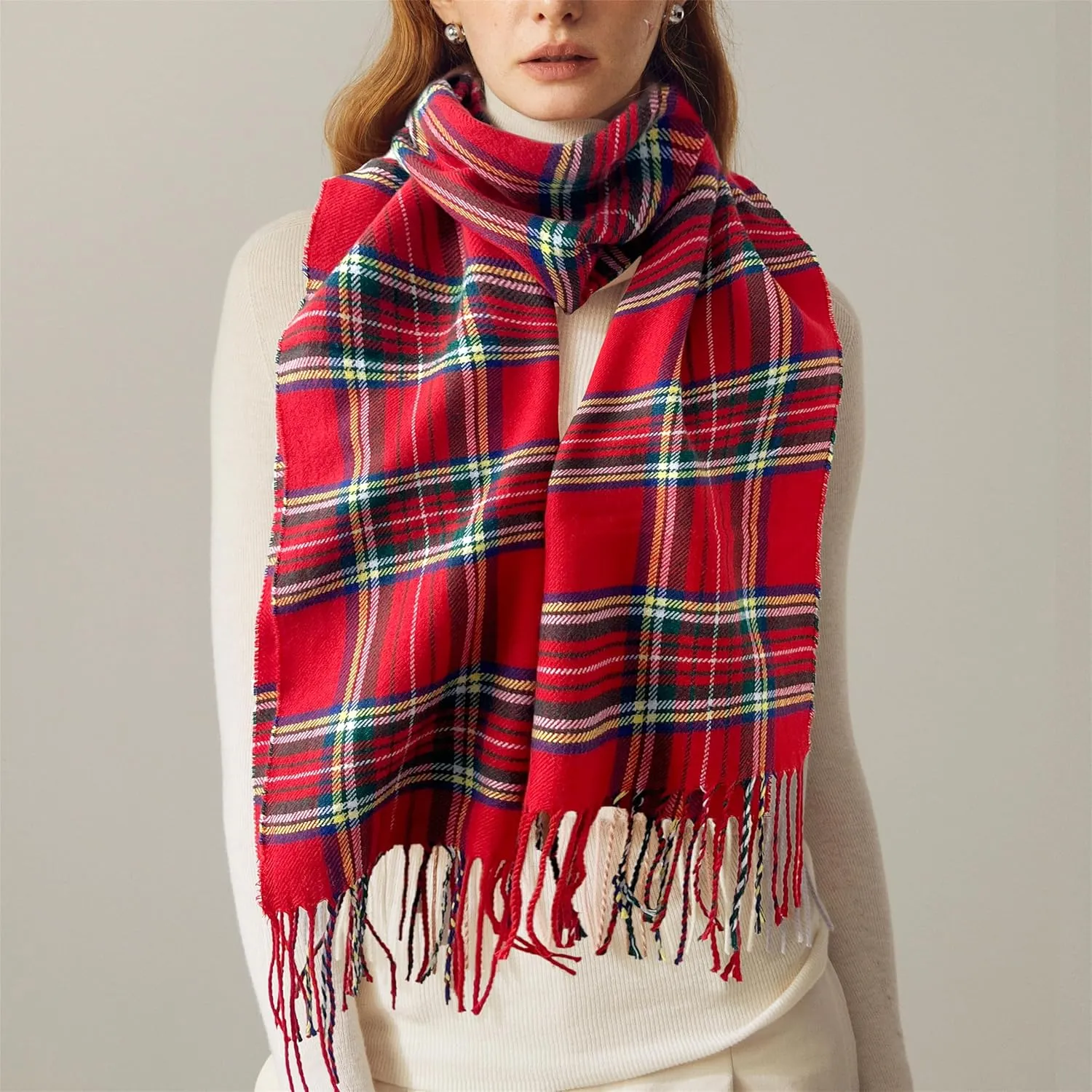 Women's Scarf Classic Tassel Plaid Super Soft Classic Cashmere Feel Fall Winter Scarves Tartan Warm Chunky Wrap Shawl
