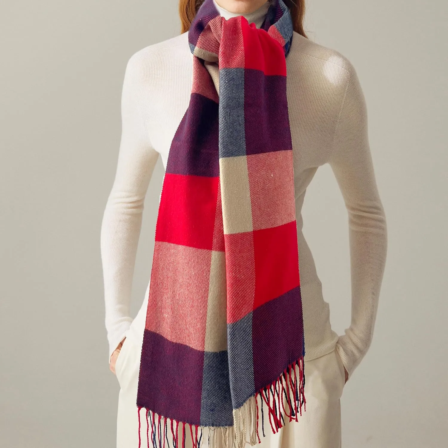 Women's Scarf Classic Tassel Plaid Super Soft Classic Cashmere Feel Fall Winter Scarves Tartan Warm Chunky Wrap Shawl