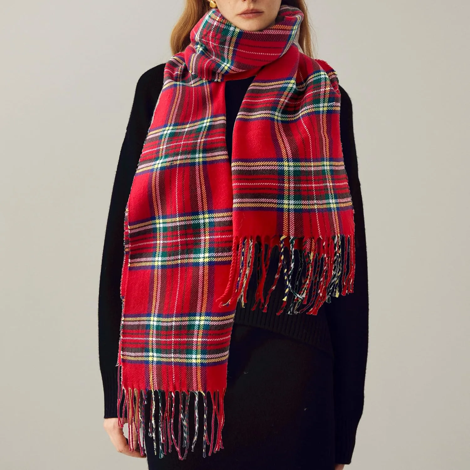 Women's Scarf Classic Tassel Plaid Super Soft Classic Cashmere Feel Fall Winter Scarves Tartan Warm Chunky Wrap Shawl