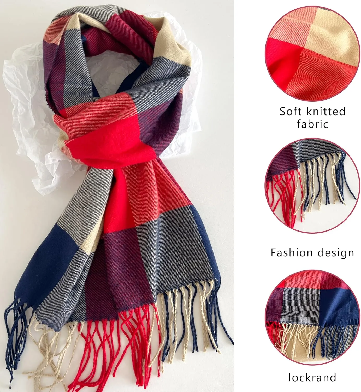 Women's Scarf Classic Tassel Plaid Super Soft Classic Cashmere Feel Fall Winter Scarves Tartan Warm Chunky Wrap Shawl