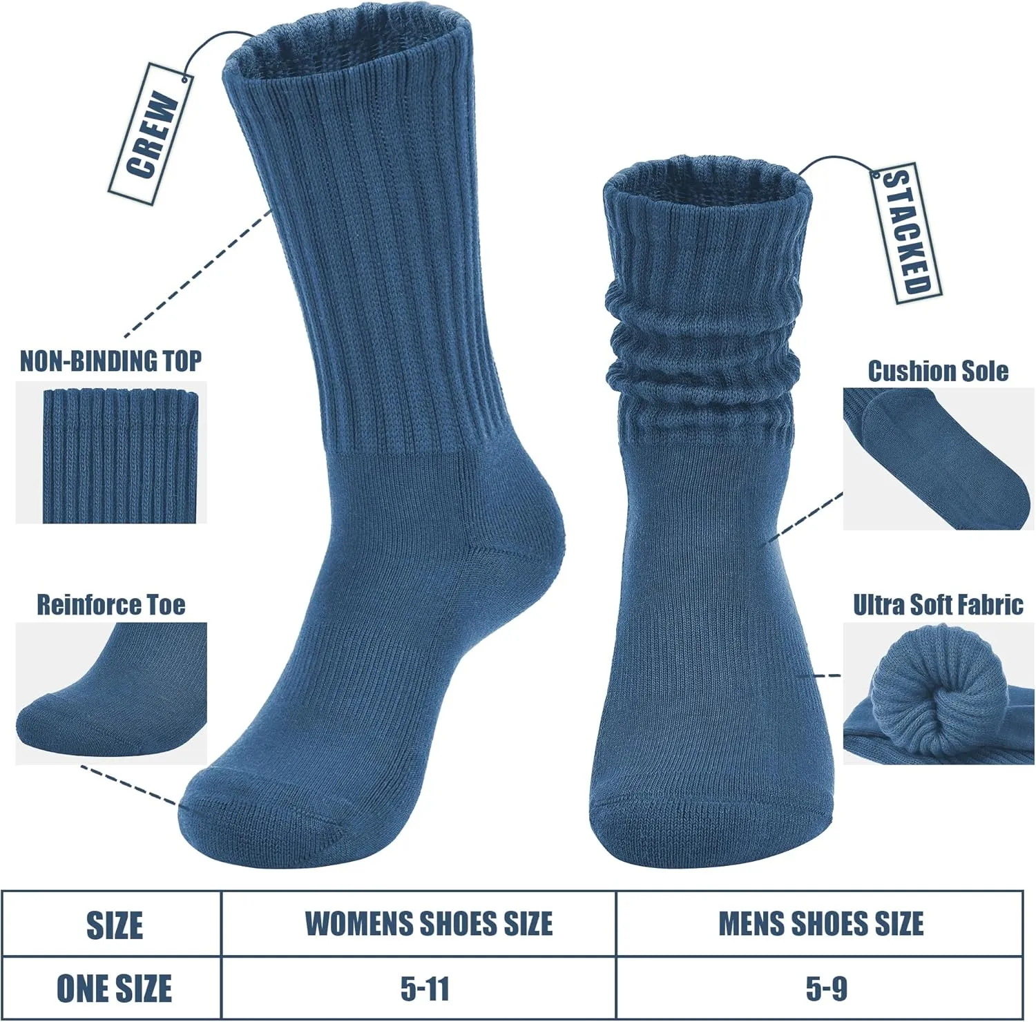 Women's Slouch Crew Socks Retro Solid Scrunch Boot Socks Chunky Ribbed Cozy 3-Pack Cotton Crew Socks Size 5-11