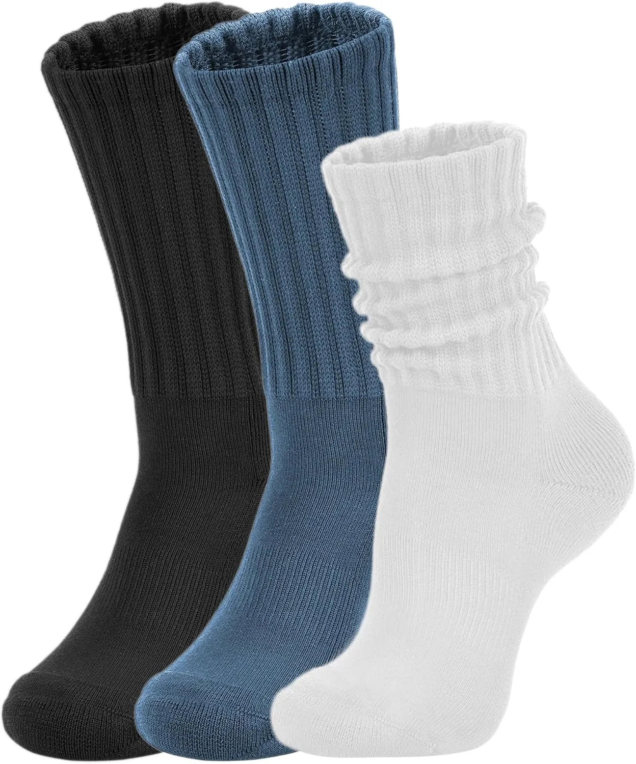 Women's Slouch Crew Socks Retro Solid Scrunch Boot Socks Chunky Ribbed Cozy 3-Pack Cotton Crew Socks Size 5-11