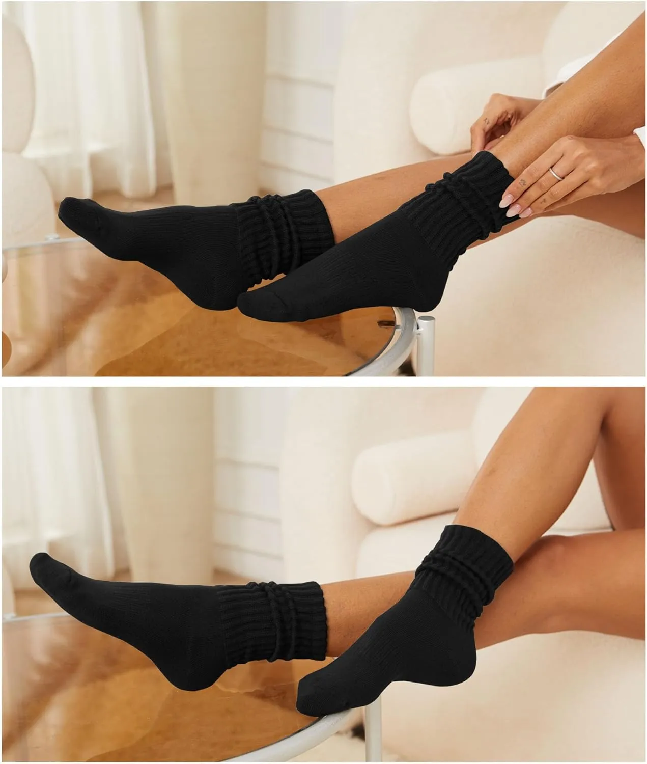 Women's Slouch Crew Socks Retro Solid Scrunch Boot Socks Chunky Ribbed Cozy 3-Pack Cotton Crew Socks Size 5-11