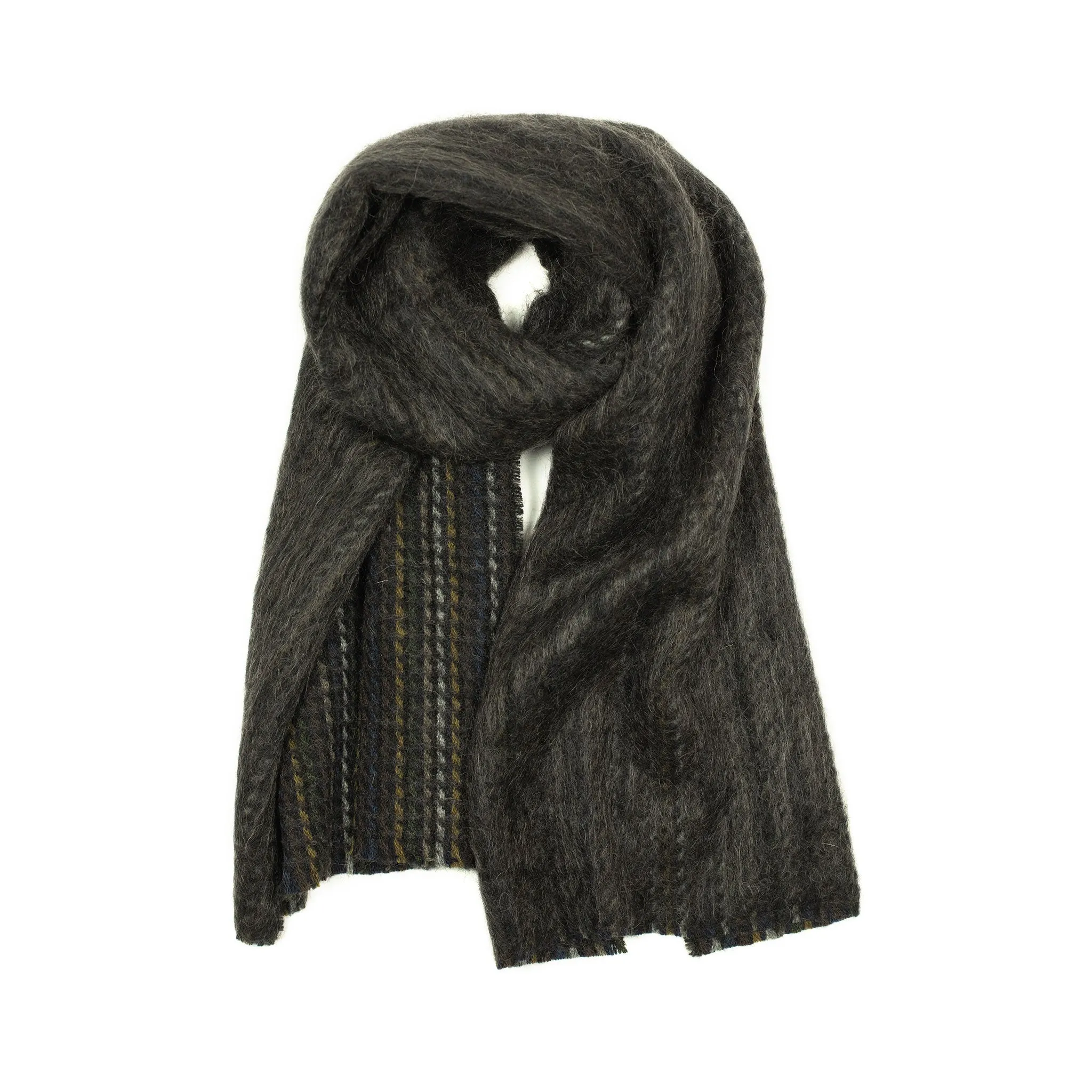 Woven scarf in "Carbon Dark" multi-stripe wool alpaca mohair mix